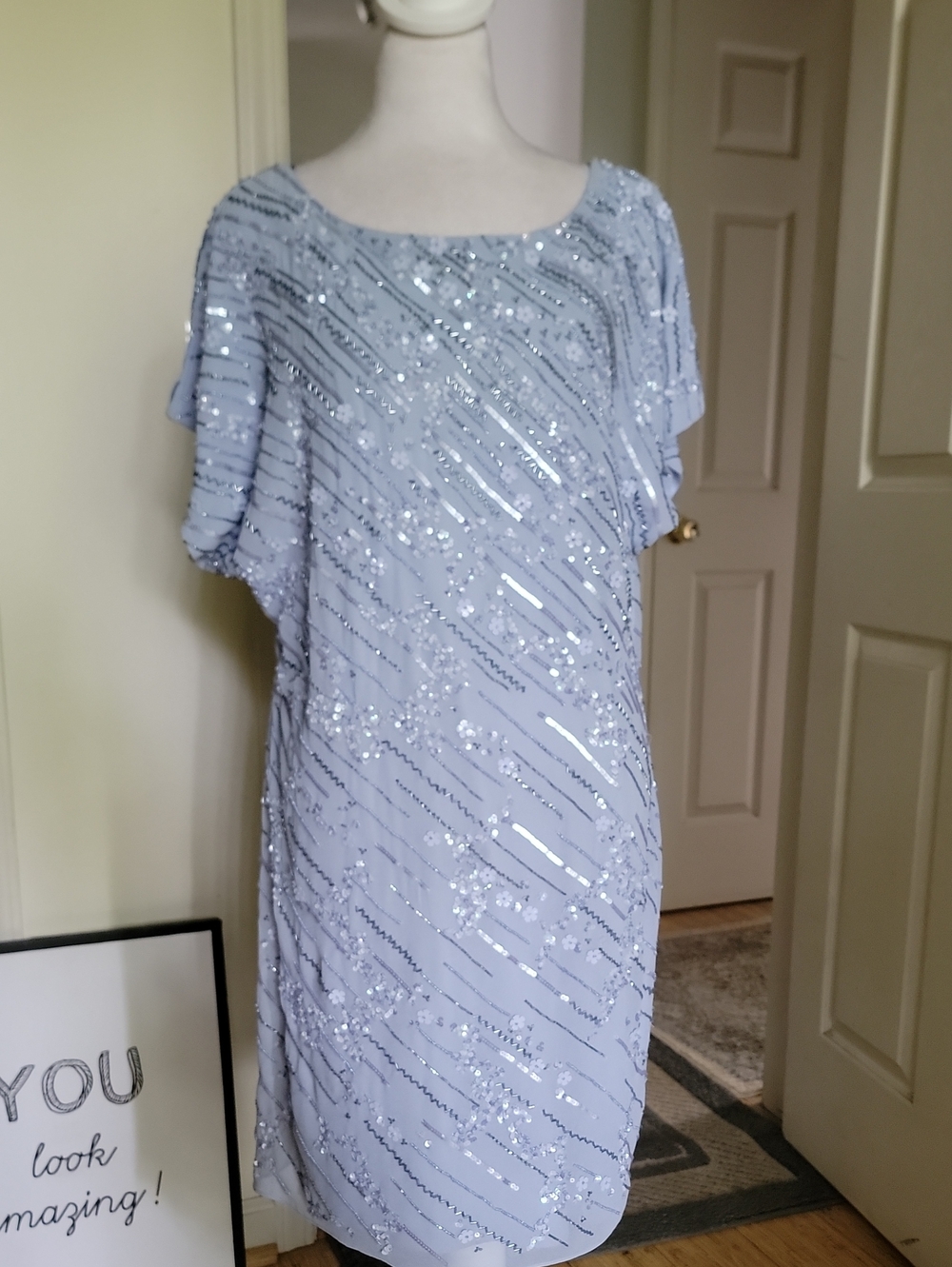 Aiden Mattox Light Blue Sequin Shift Dress Nwt